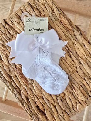 Хлопковые ажурные носки с бантиком Katamino (белые) 43021 фото
